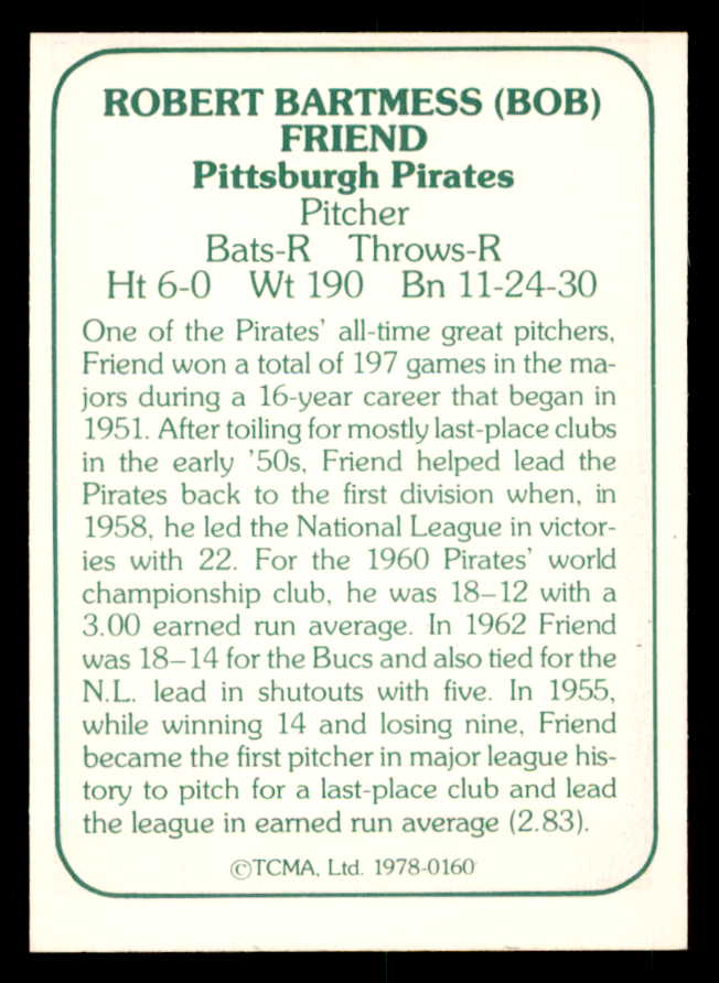 1978 TCMA #160 Bob Friend Pirates Signed Autographed