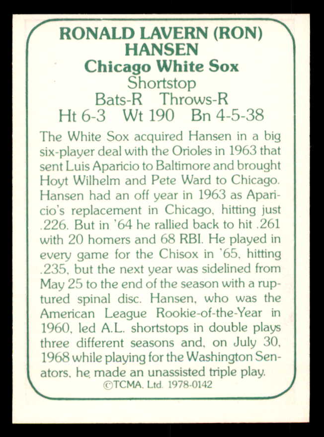 1978 TCMA #142 Ron Hansen White Sox Signed Autographed