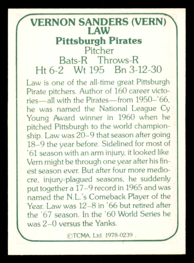 1978 TCMA #239 Vern Law Pirates Signed Autographed