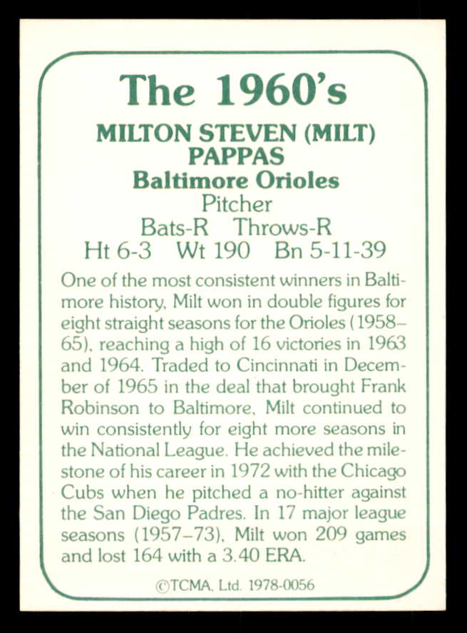 1978 TCMA #056 Milt Pappas Orioles Signed Autographed