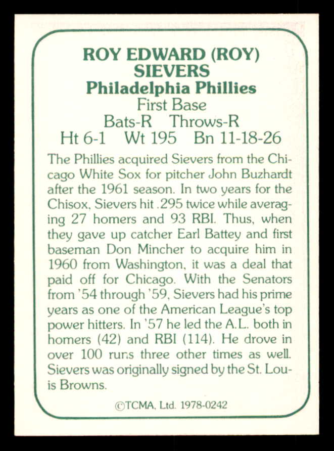 1978 TCMA #242 Roy Sievers Phillies Signed Autographed