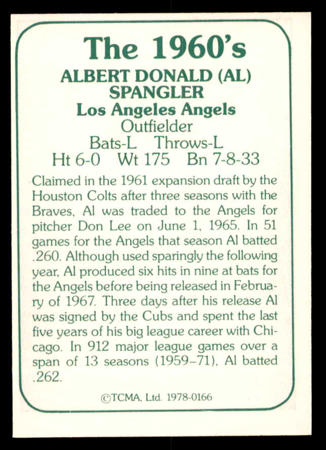 1978 TCMA #166 Al Spangler Angels Signed Autographed