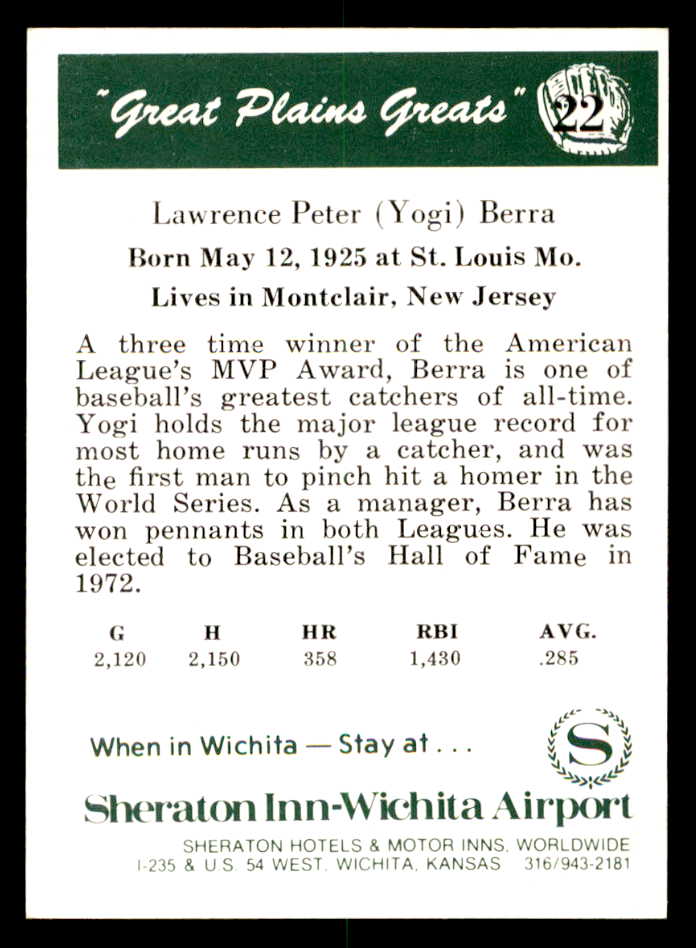 1975 Great Plains Greats #022 Yogi Berra Signed Autographed