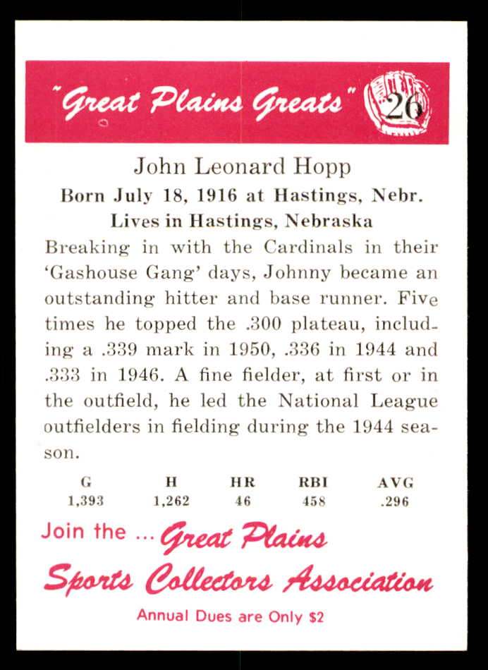 1975 Great Plains Greats #026 Johnny Hopp Signed Autographed