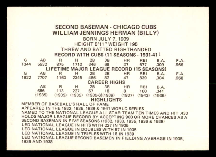 1976 Chicago Greats Billy Herman Cubs Signed Autographed