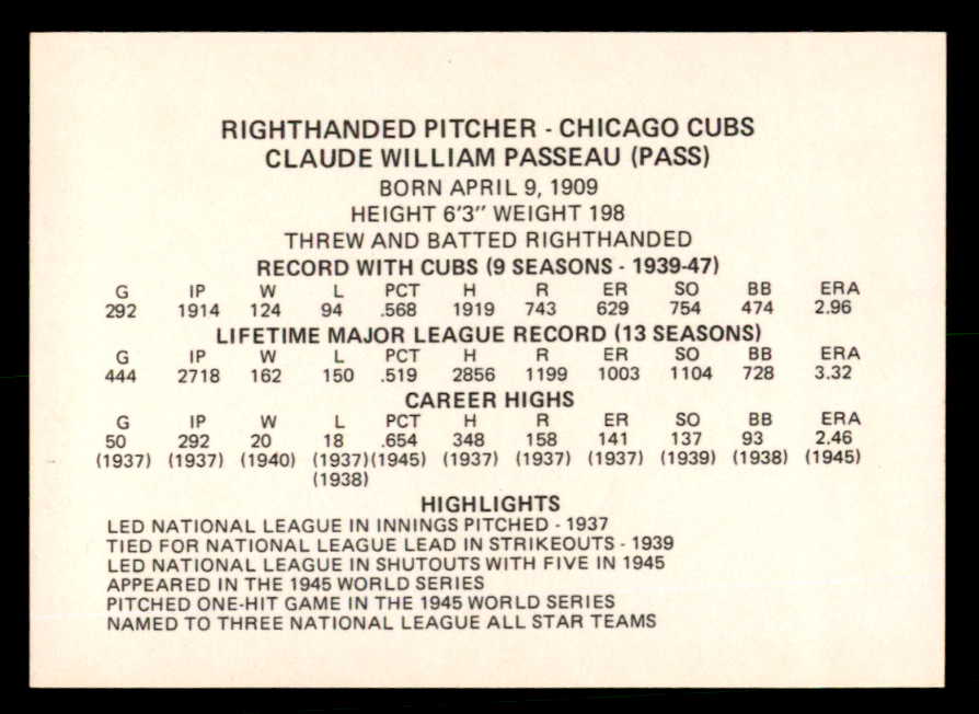 1976 Chicago Greats Claude Passeau Cubs Signed Autographed