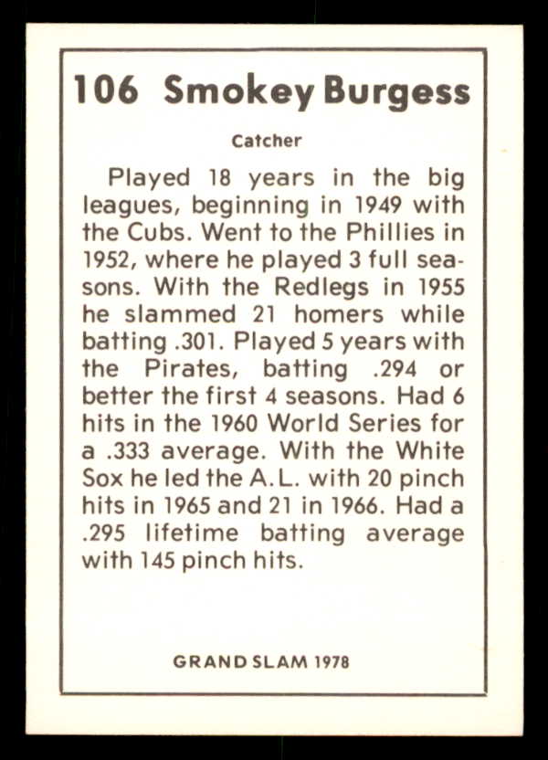 1978 Grand Slam #106 Smoky Burgess Reds Signed Autographed