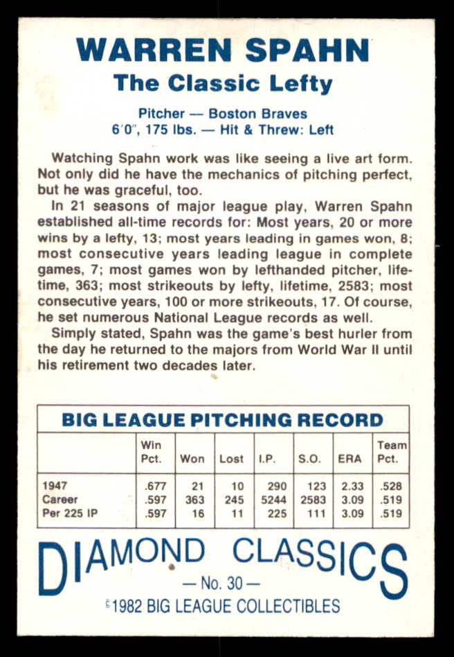 1982 Big League #030 Warren Spahn Braves Signed Autographed