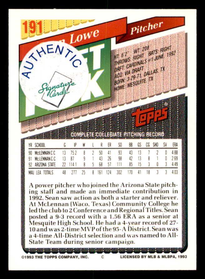 1993 Topps #191 Sean Lowe Cardinals Signed Autographed