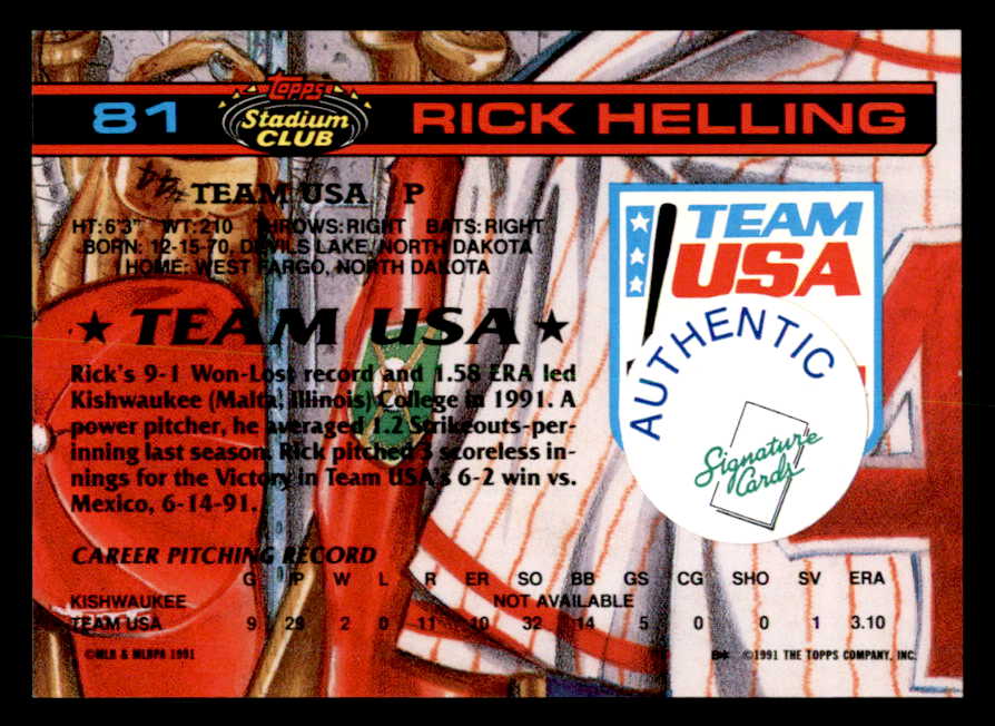 1991 Stadium Club #081 Rick Helling Usa Signed Autographed