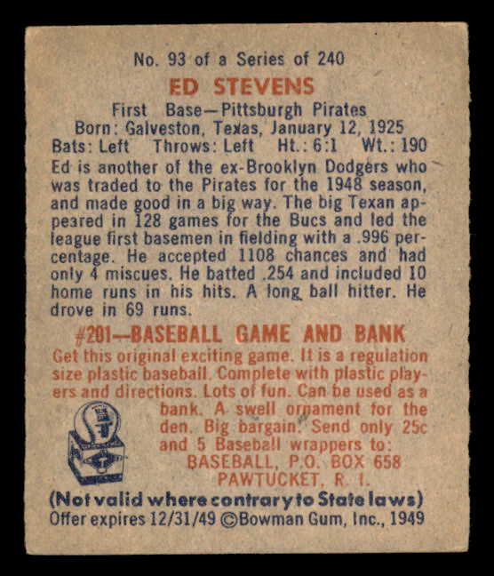 1949 Bowman #093 Ed Stevens Pirates Signed Autographed