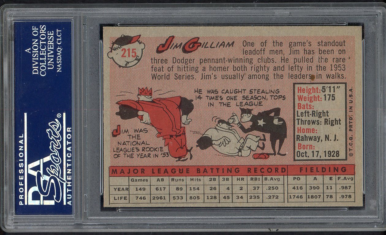 1958 Topps Baseball #215 Jim Gilliam Dodgers PSA 7 NM 546548