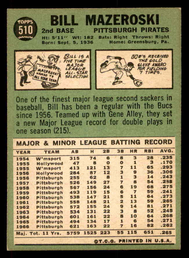 1967 Topps Baseball #510 Bill Mazeroski Pirates NR-MT 546720
