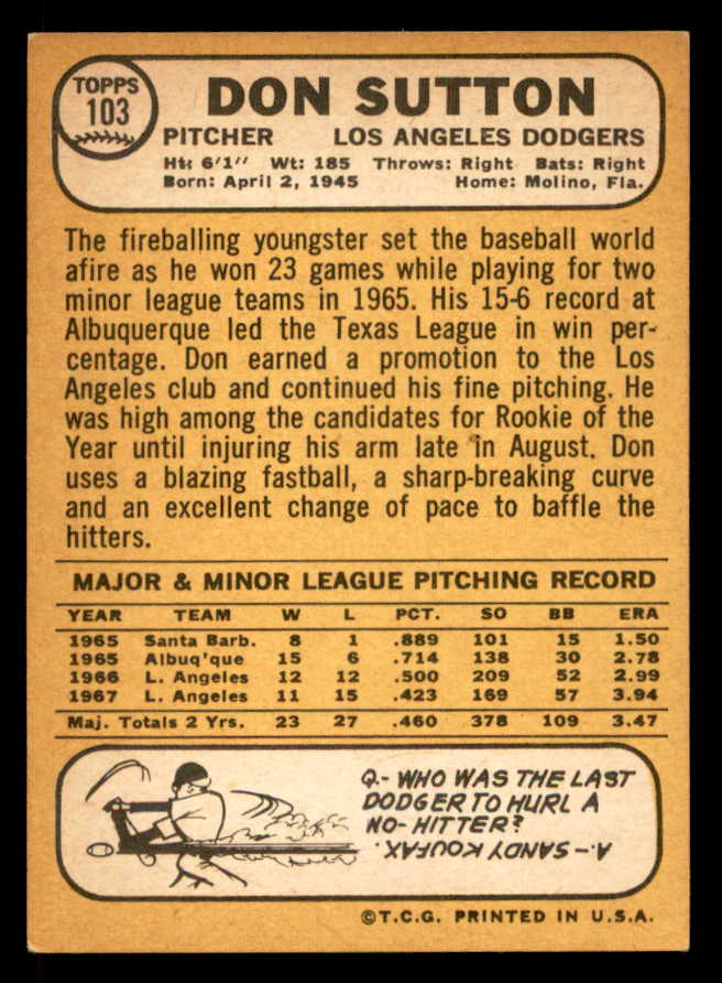 1968 Topps Baseball #103 Don Sutton Dodgers EX-MT 546723