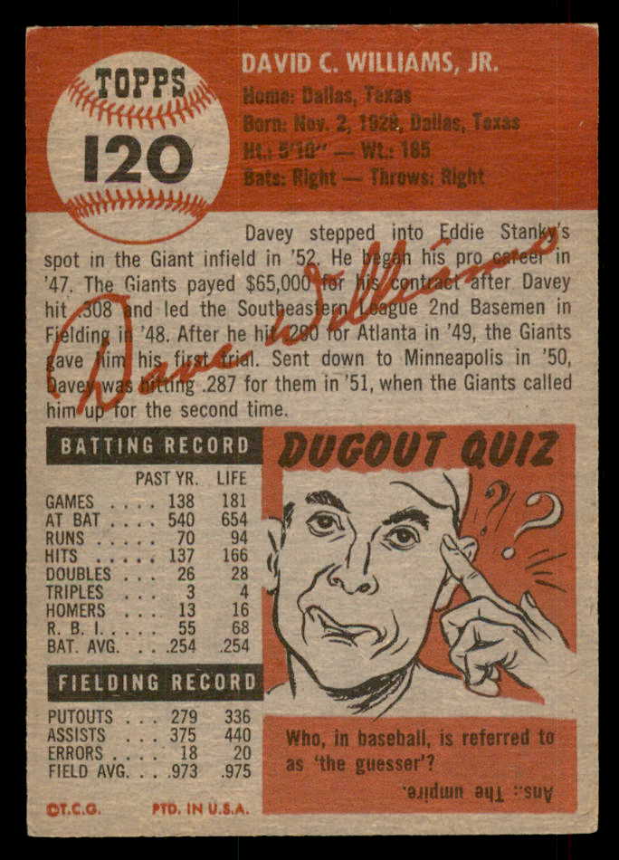 1953 Topps Baseball #120 Davey Williams Giants VG-EX 546749