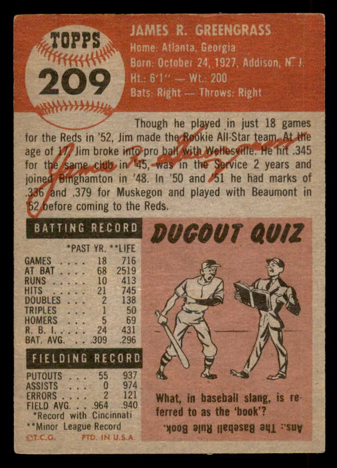 1953 Topps Baseball #209 Jim Greengrass Reds EX 546753