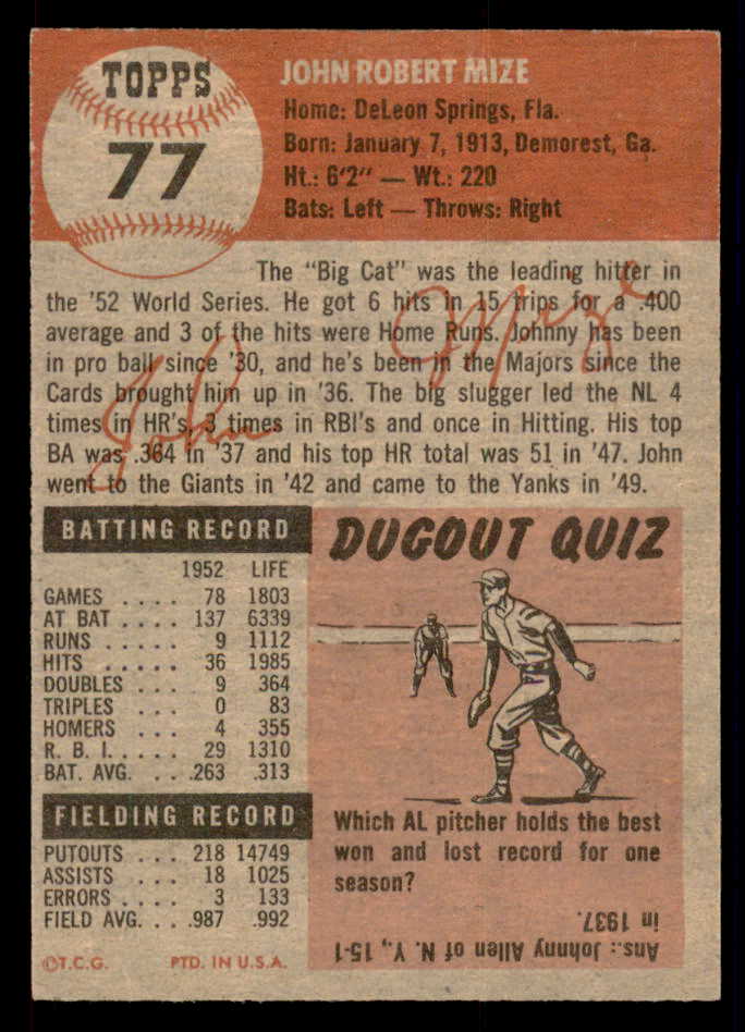 1953 Topps Baseball #077 Johnny Mize Yankees EX-MT 546991