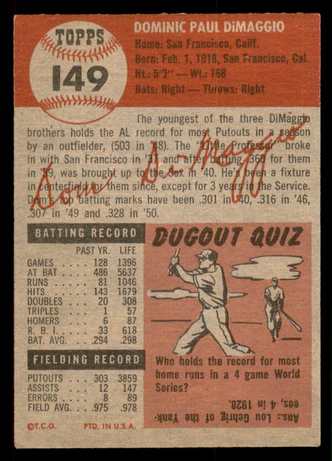 1953 Topps Baseball #149 Dom Dimaggio Red Sox EX 547003