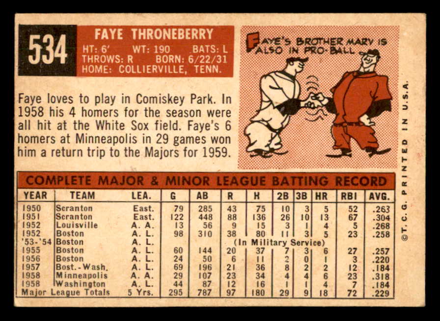 1959 Topps Baseball #534 Faye Throneberry Senators VG-EX 547038