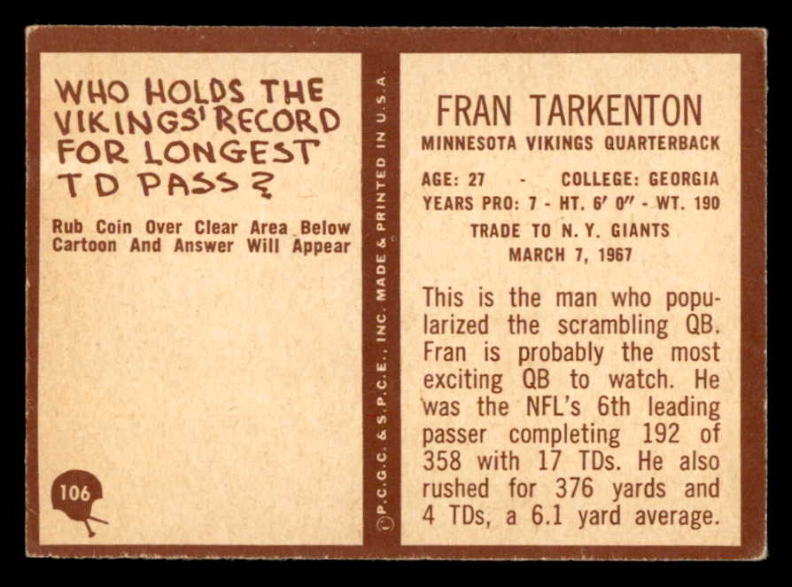 1967 Philadelphia Football #106 Fran Tarkenton Vikings VG-EX 547147
