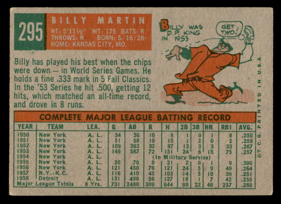 1959 Topps Baseball #295 Billy Martin Indians VG-EX 547158
