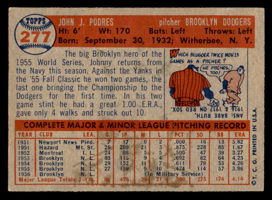 1957 Topps Baseball #277 Johnny Podres Dodgers EX+/EX-MT 547193
