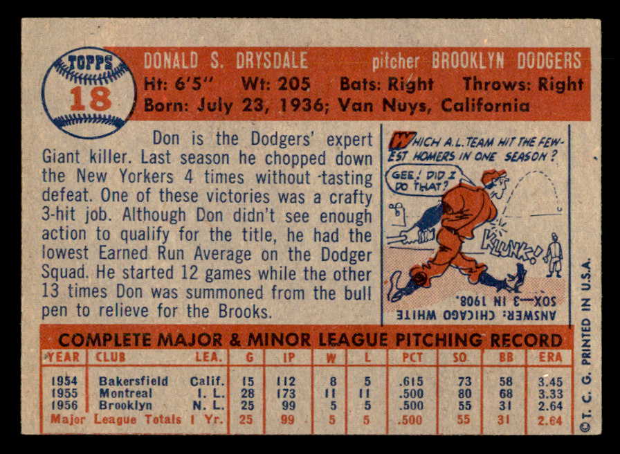 1957 Topps Baseball #018 Don Drysdale Dodgers EX-MT 547213