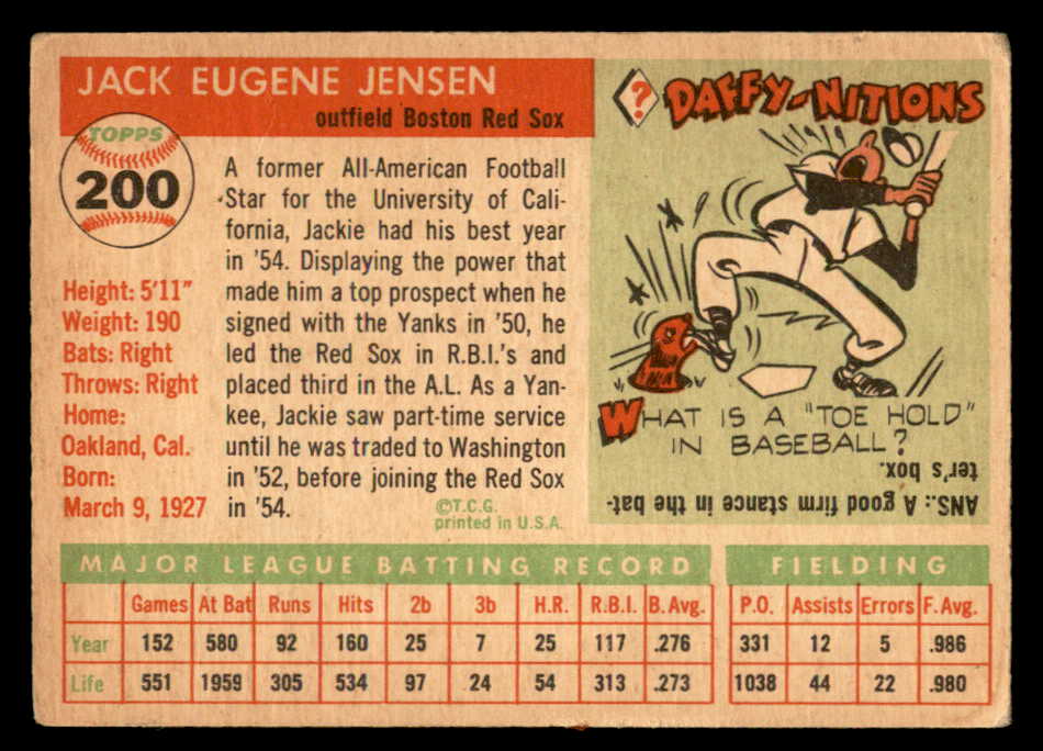 1955 Topps Baseball #200 Jackie Jensen Red Sox VG-EX 547273