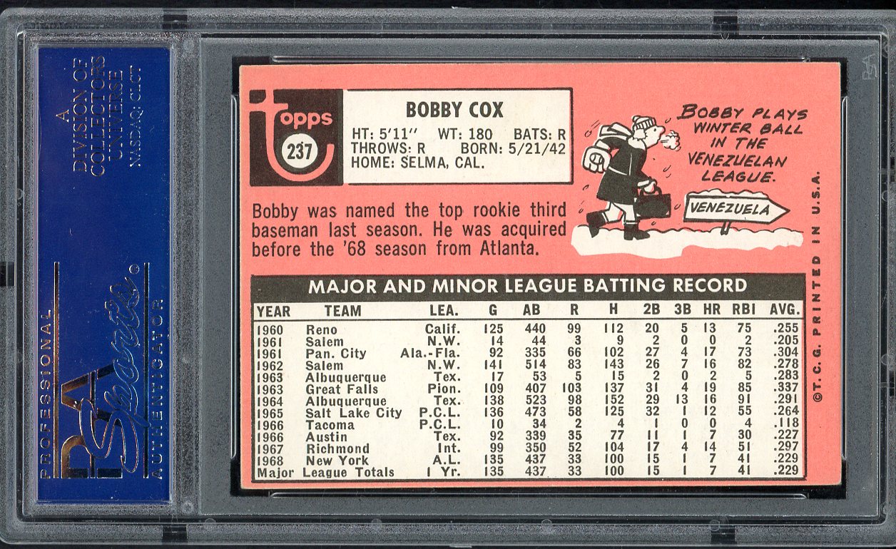 1969 Topps Baseball #237 Bobby Cox Yankees PSA 5 EX 547594