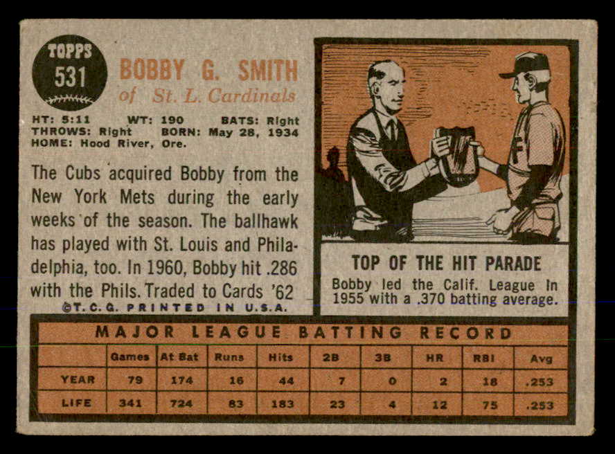 1962 Topps Baseball #531 Bobby Smith Cardinals VG-EX 547693