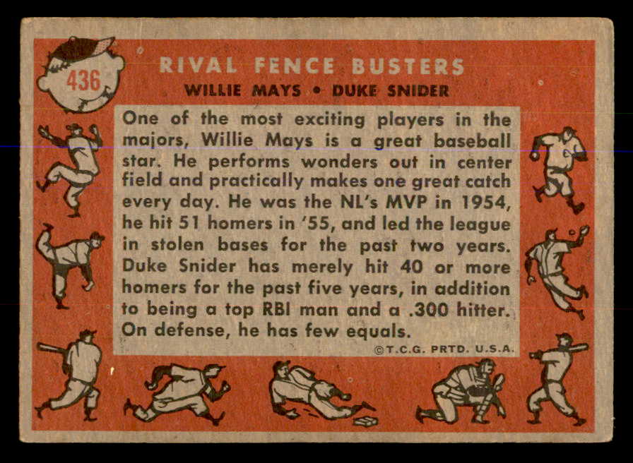 1958 Topps Baseball #436 Willie Mays Duke Snider VG-EX 547806