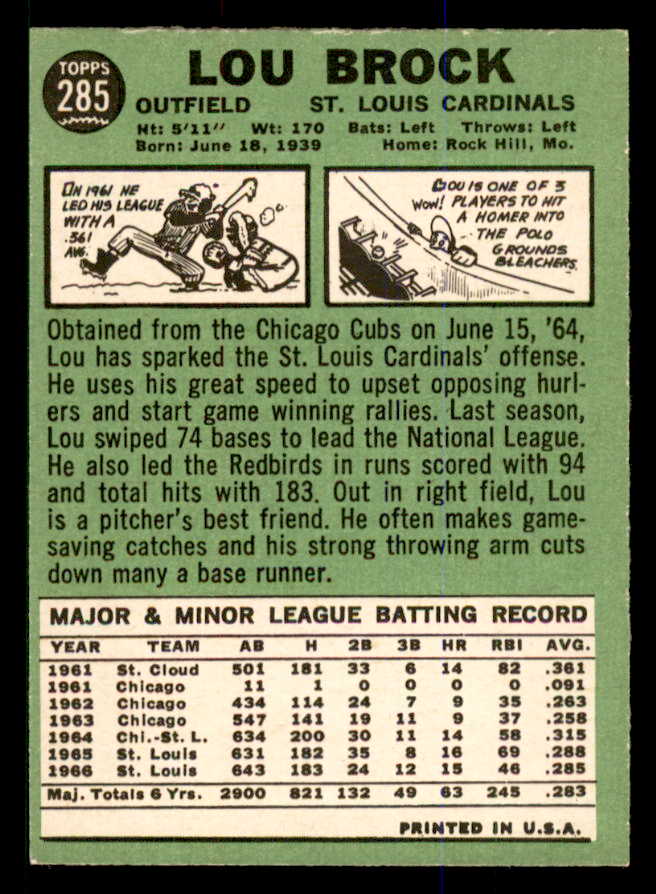 1967 Topps Baseball #285 Lou Brock Cardinals EX-MT 547861