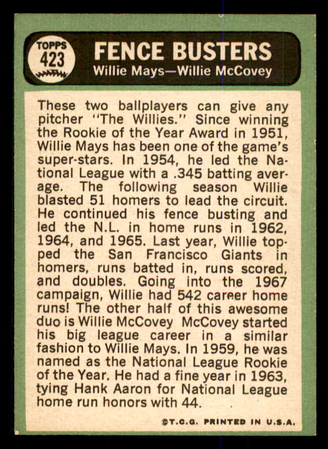 1967 Topps Baseball #423 Willie Mays Willie McCovey EX-MT 547862