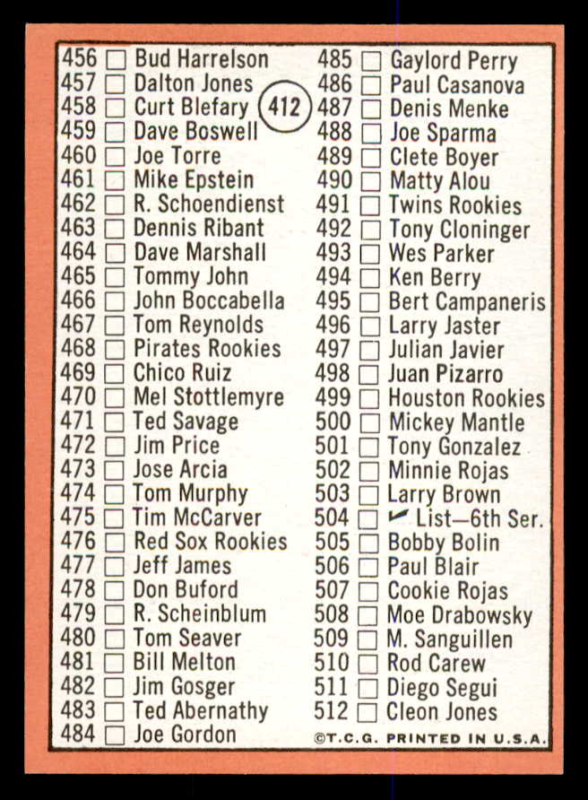 1969 Topps Baseball #412 Checklist 5 Mickey Mantle EX-MT 547967