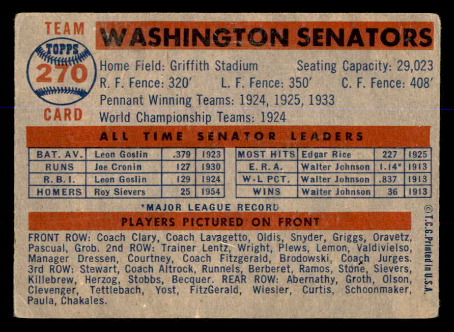 1957 Topps Baseball #270 Washington Senators Team VG 547977