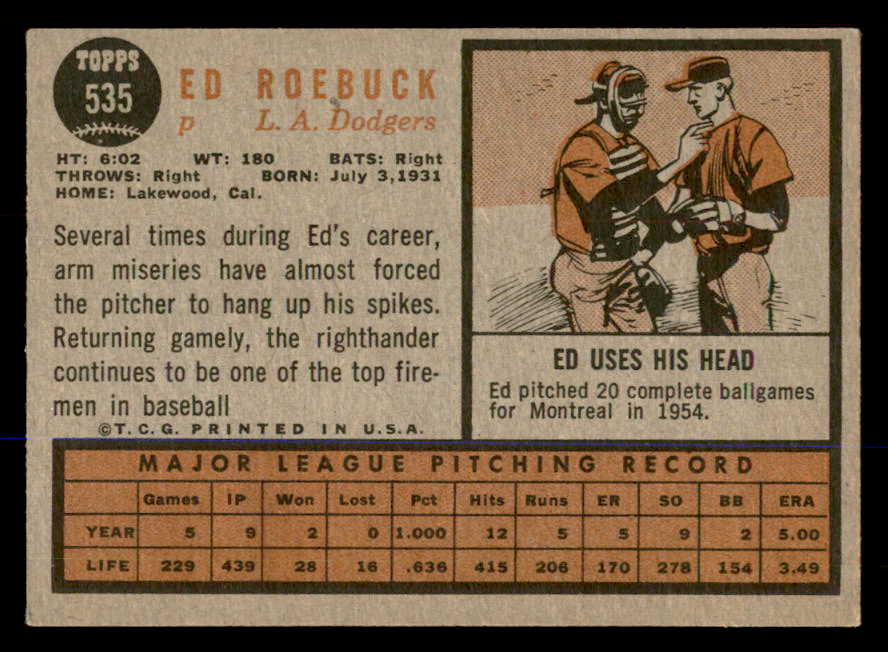 1962 Topps Baseball #535 Ed Roebuck Dodgers EX 548045