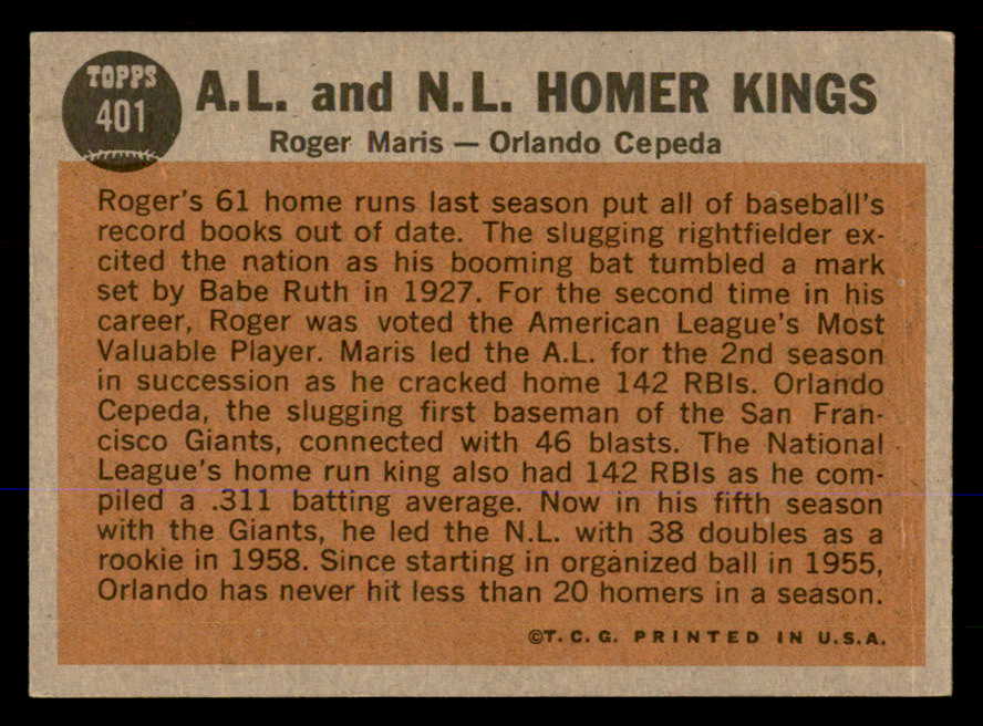 1962 Topps Baseball #401 Roger Maris Orlando Cepeda VG-EX 548047