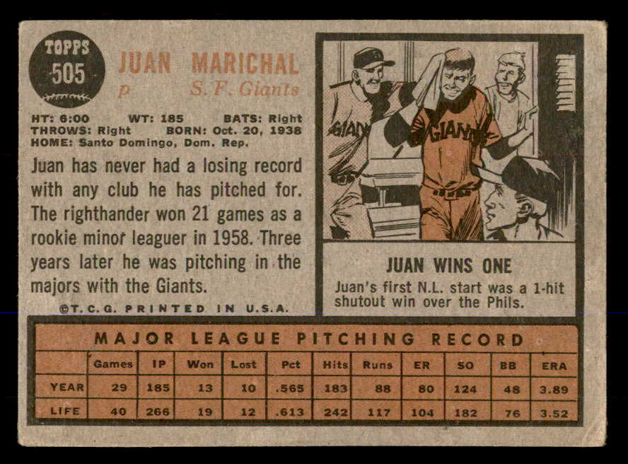 1962 Topps Baseball #505 Juan Marichal Giants VG 548053