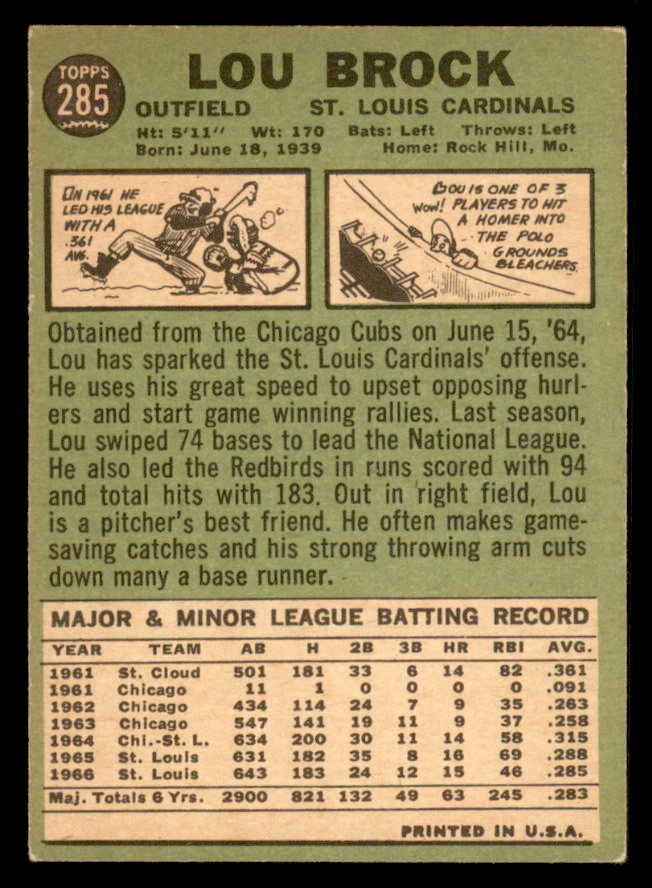 1967 Topps Baseball #285 Lou Brock Cardinals VG-EX 548180