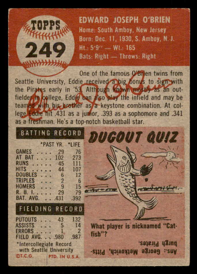 1953 Topps Baseball #249 Ed O'Brien Pirates EX+/EX-MT 548240