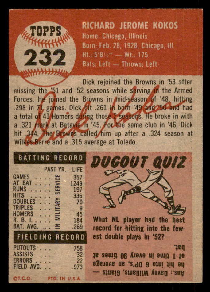 1953 Topps Baseball #232 Dick Kokos Browns EX-MT 548242