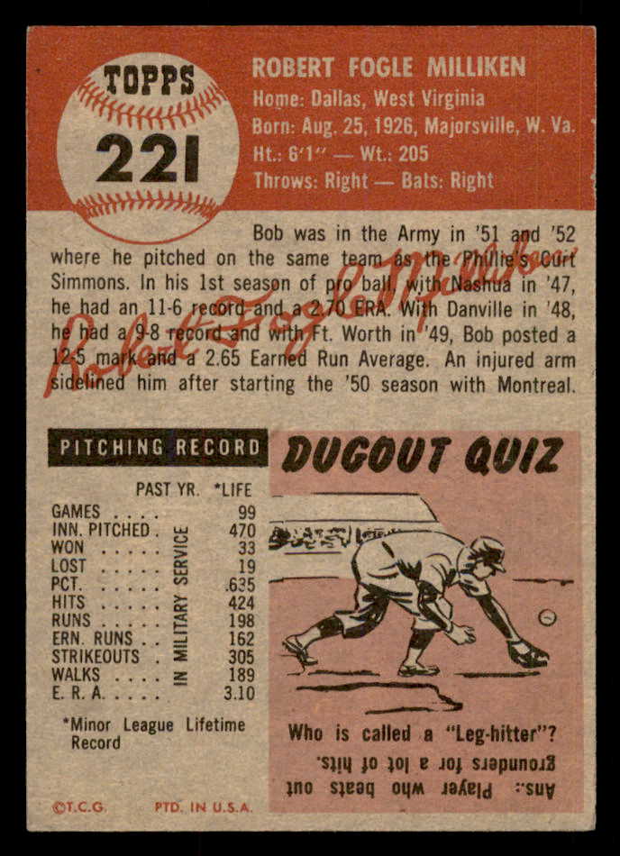 1953 Topps Baseball #221 Bob Milliken Dodgers EX+/EX-MT 548244