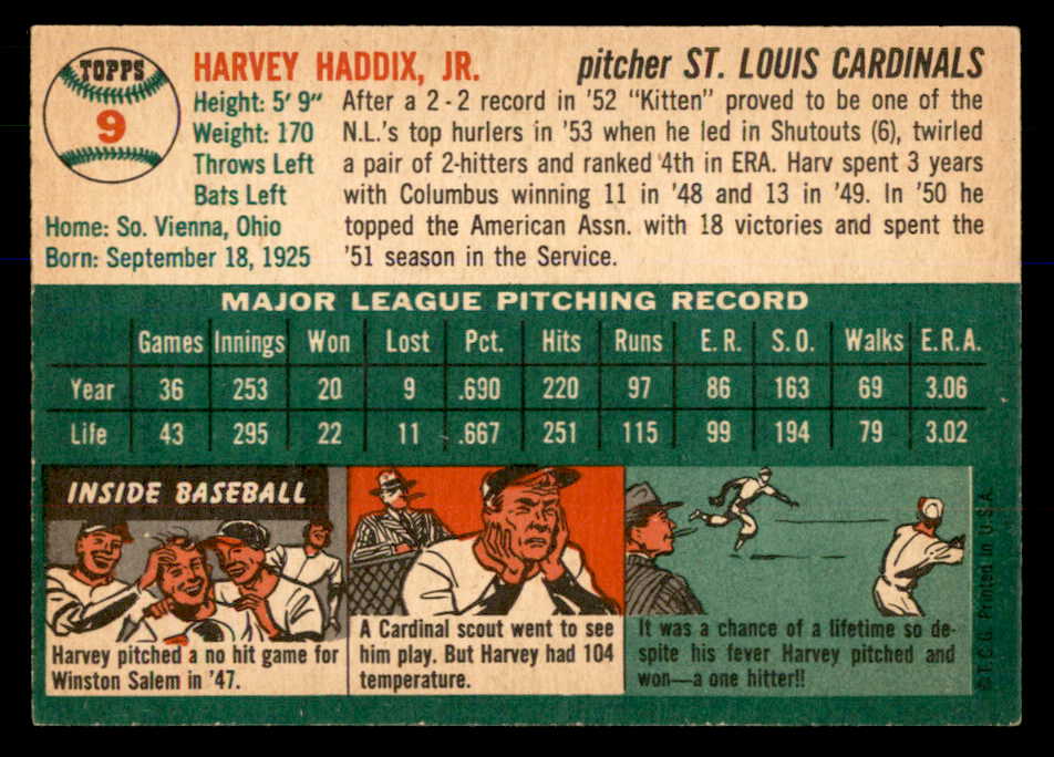 1954 Topps Baseball #009 Harvey Haddix Cardinals EX-MT 548304