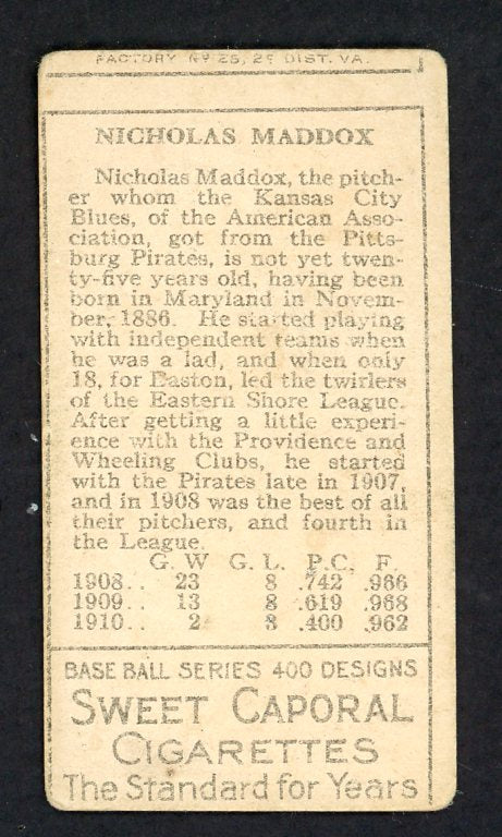1911 T205 T 205 Nick Maddox Pirates VG 548410