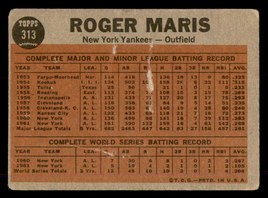 1962 Topps Baseball #313 Roger Maris IA Yankees Good 548550