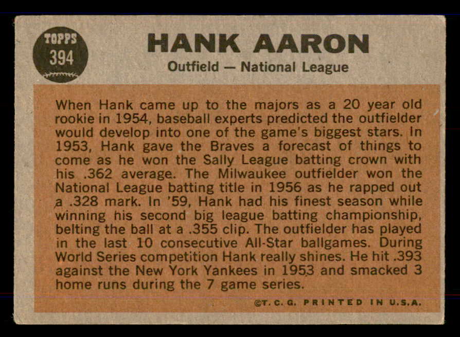 1962 Topps Baseball #394 Hank Aaron A.S. Braves VG-EX 548587