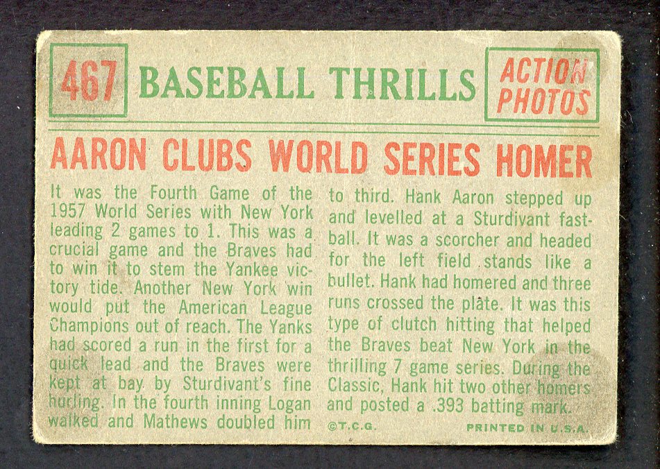 1959 Topps Baseball #467 Hank Aaron IA Braves VG 548749
