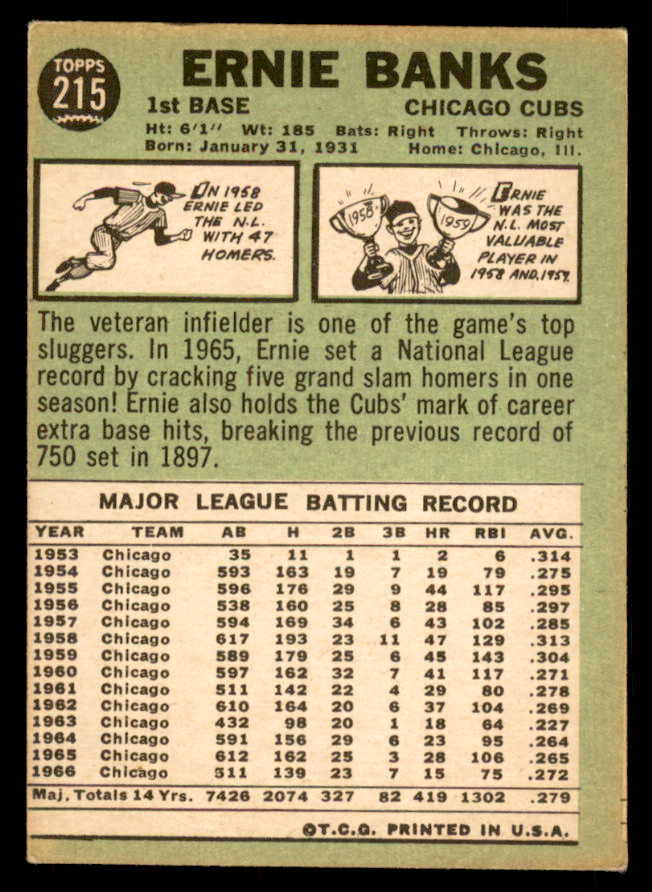 1967 Topps Baseball #215 Ernie Banks Cubs VG 548798