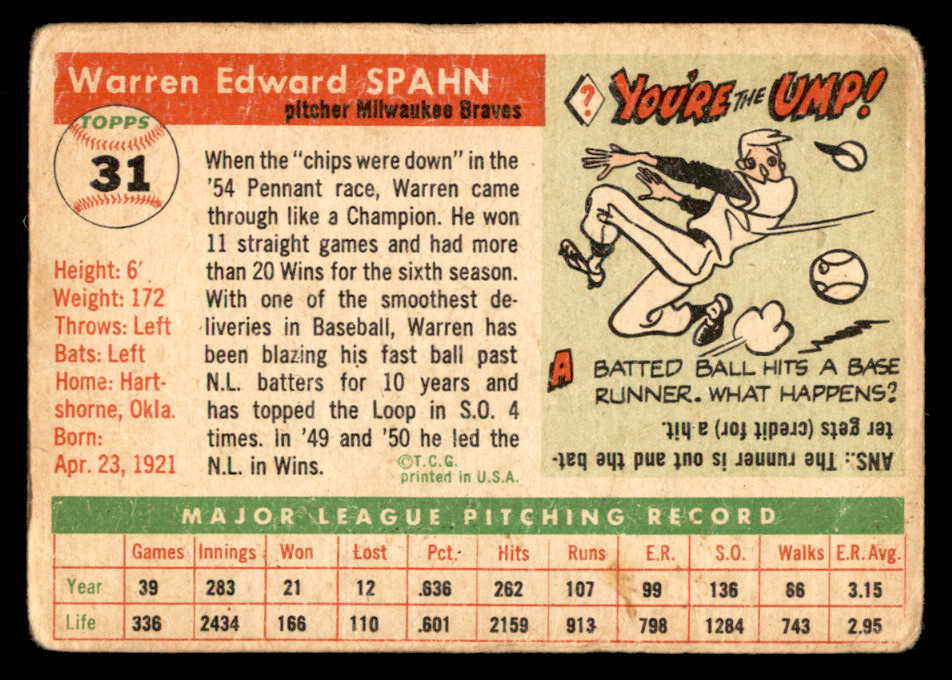 1955 Topps Baseball #031 Warren Spahn Braves GD-VG 548888