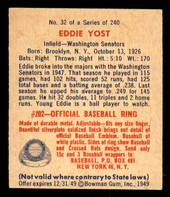 1949 Bowman Baseball #032 Eddie Yost Senators EX-MT 548917